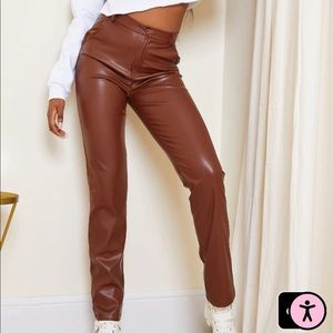 Chocolate Faux Leather Straight Leg Pants